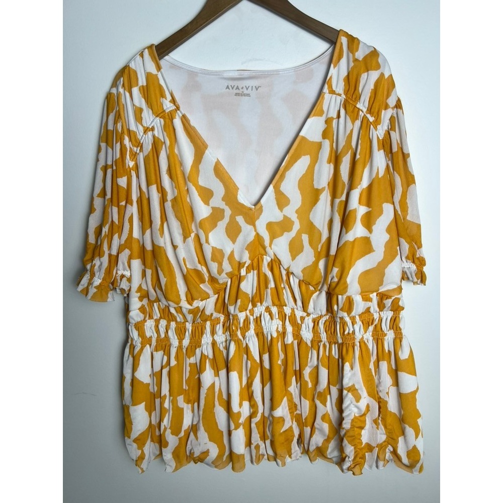 Ava & Viv Yellow White Abstract Print Smocked Peplum Top Puff Sleeve Cottage
